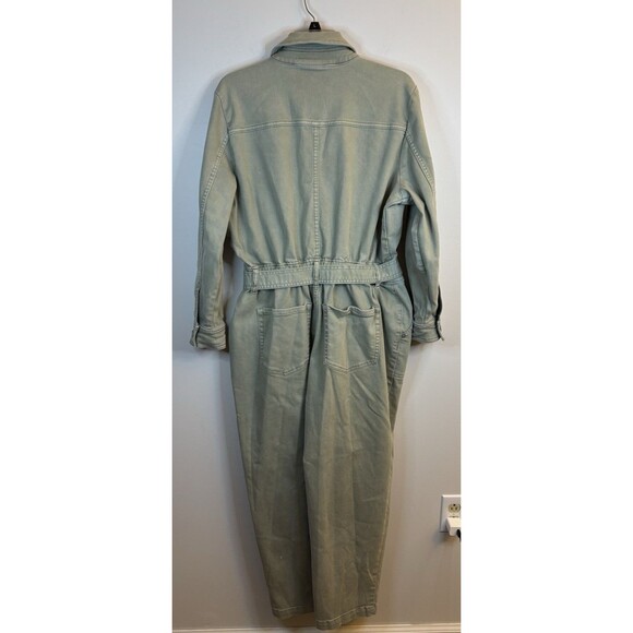 LANE BRYANT Olive Green Denim Jumpsuit 16 Petite Belted Straight Leg Utility 70s - Picture 4 of 16